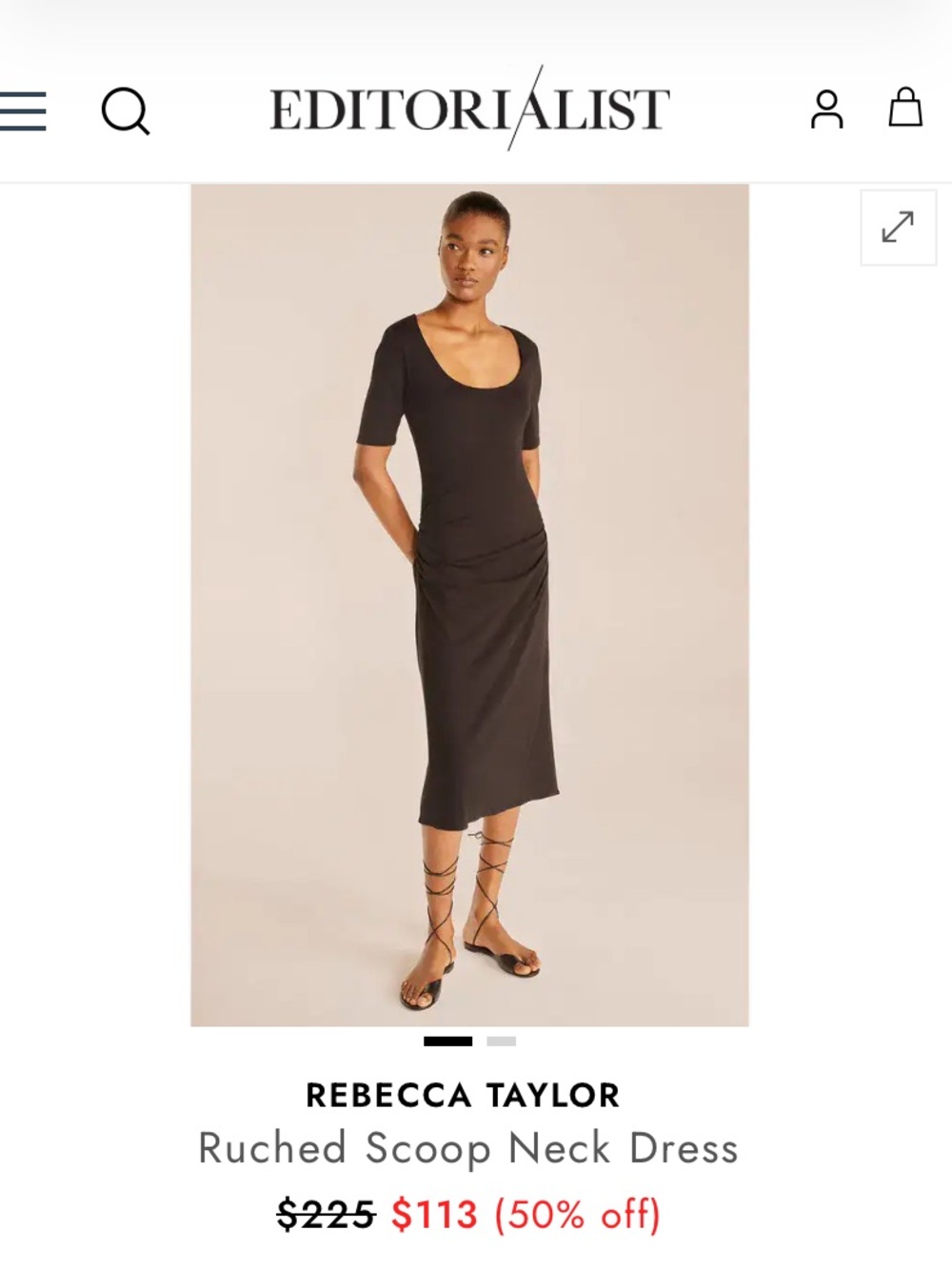 Rebecca Taylor Black Ruched U Scoop-Neck Midi Dress XS